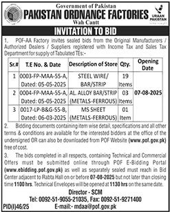 Pakistan Ordnance Factories Wah Cantt Tender Notice